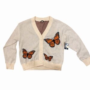 Cream V-Neck Cardigan with Orange Butterfly Embroidery